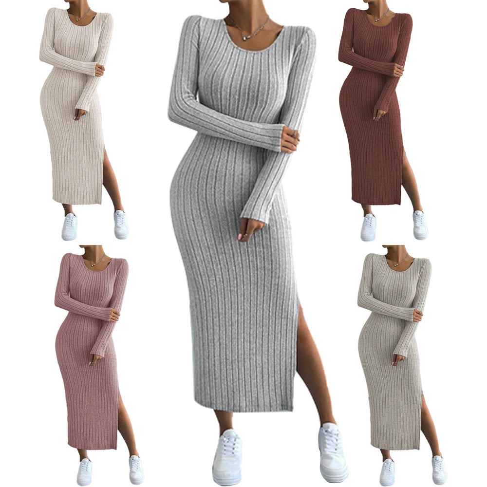 Mia Muse Women's Dresses Fall Winter Knitted Stripe Split U Neck Elastic Basic Bodycon Full Length Casual Maxi Long Dresses