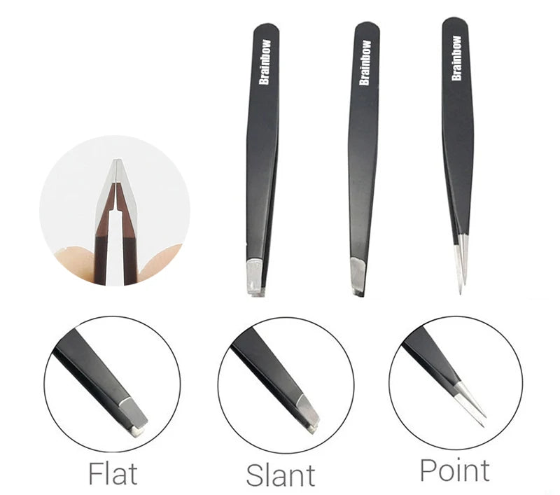 Brainbow 3pcs Eyebrow Tweezer Set Stainless Steel Slant Tip/Point Tip/Flat Tip Eyes Tweezers For Face Hair Removal Make Up Tools