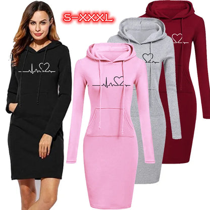 Women's Long Sleeve Hoodie Dress, Hooded Sweater, Pullovers, Sweatshirt, Slim Fit, Fashion, Autumn, Winter