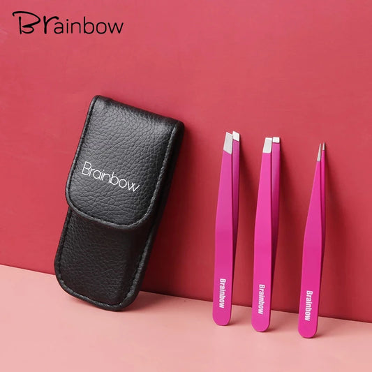 Brainbow 3pcs Eyebrow Tweezer Set Stainless Steel Slant Tip/Point Tip/Flat Tip Eyes Tweezers For Face Hair Removal Make Up Tools