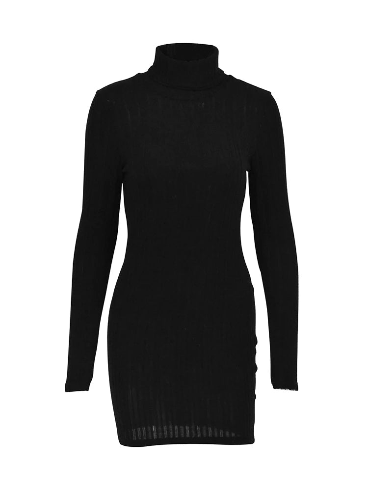 New Sexy Mini Dress For Women Autumn Black Solid Turtleneck Long Sleeves Sheath Dress Club Elegant Bodycon Party Dresses Female