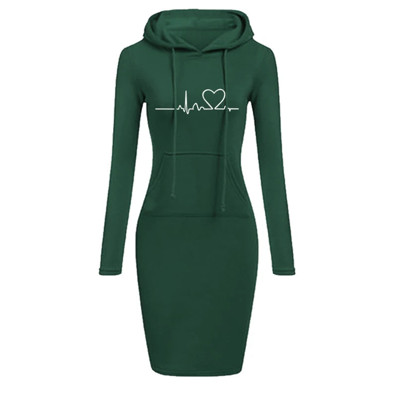 Women's Long Sleeve Hoodie Dress, Hooded Sweater, Pullovers, Sweatshirt, Slim Fit, Fashion, Autumn, Winter