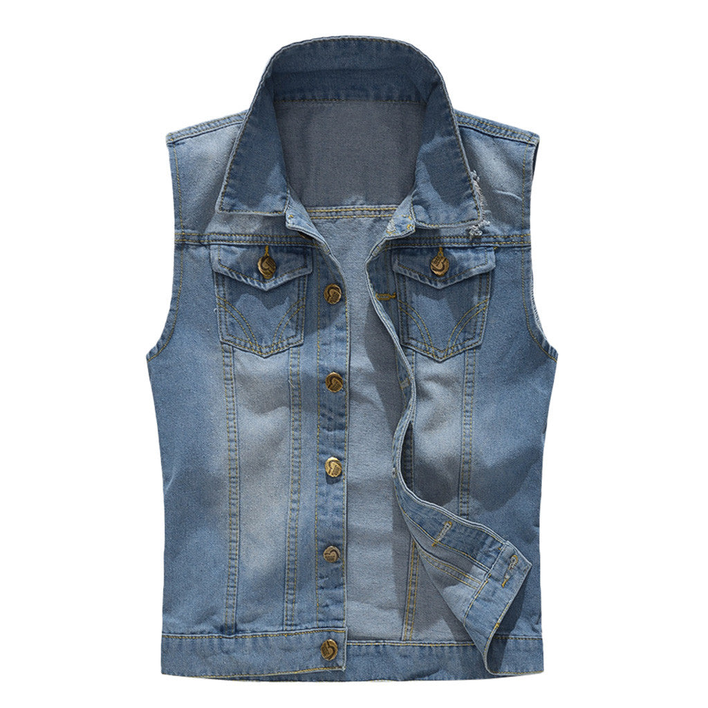 New Coat Men Fashion Denim Vest Lapel Single Breasted Auutmn Overcoat Casual Cowboy Jacket In Shoulder Blouse Male Clothing