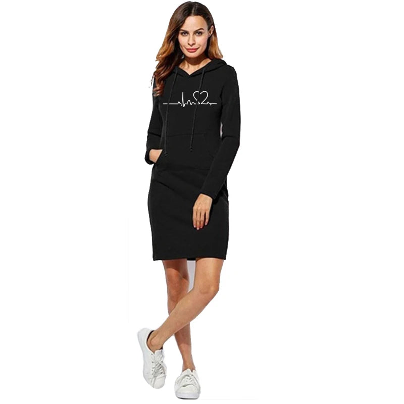 Women's Long Sleeve Hoodie Dress, Hooded Sweater, Pullovers, Sweatshirt, Slim Fit, Fashion, Autumn, Winter