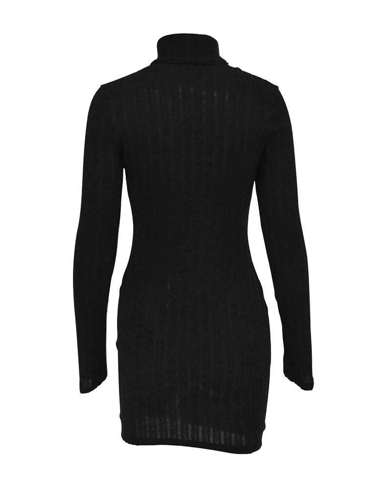 New Sexy Mini Dress For Women Autumn Black Solid Turtleneck Long Sleeves Sheath Dress Club Elegant Bodycon Party Dresses Female