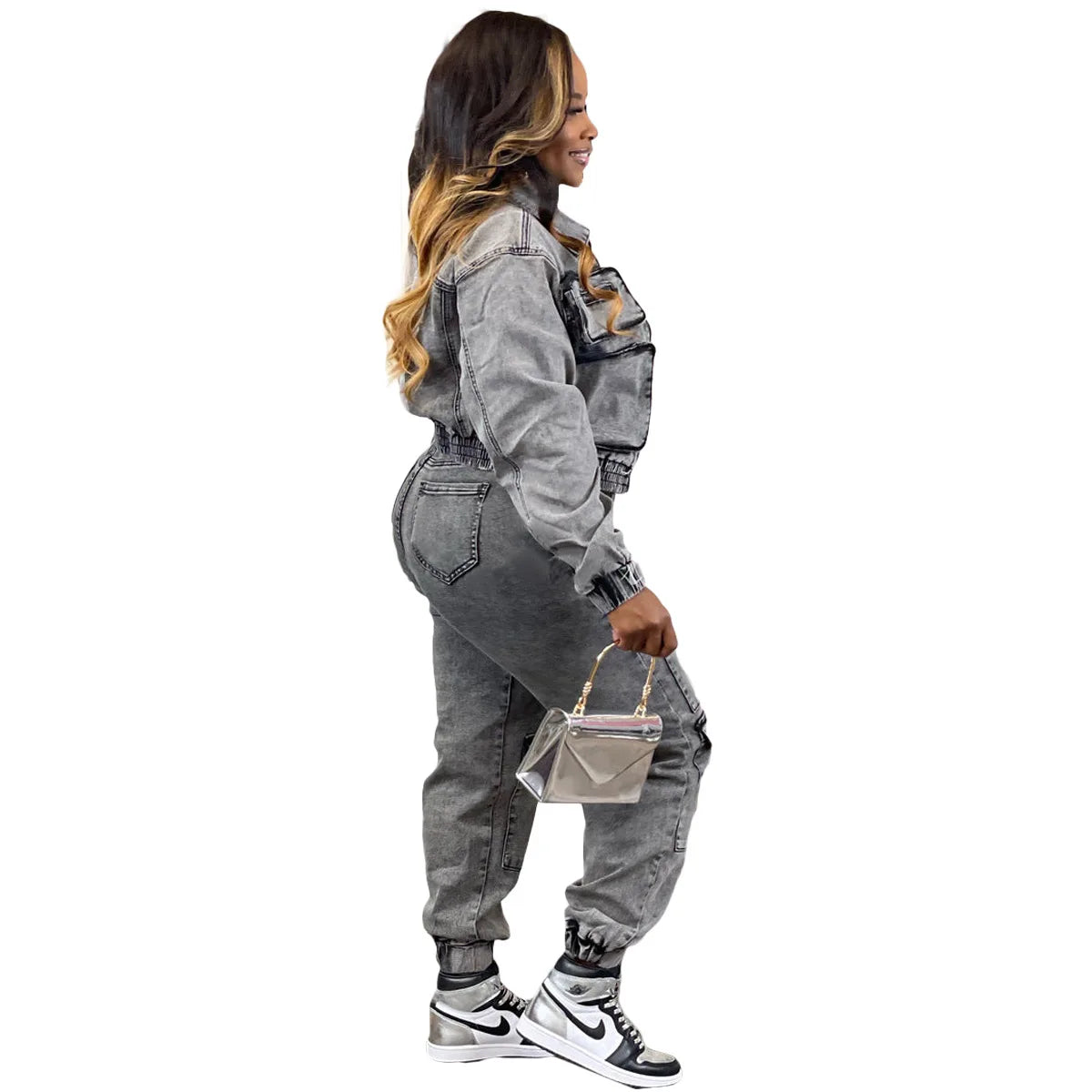 Pant Sets Long Sleeve Women Tracksuit Zipper Denim Coat Cargo Ankle Length Pants Pockets High Street Spliced Slim 2024