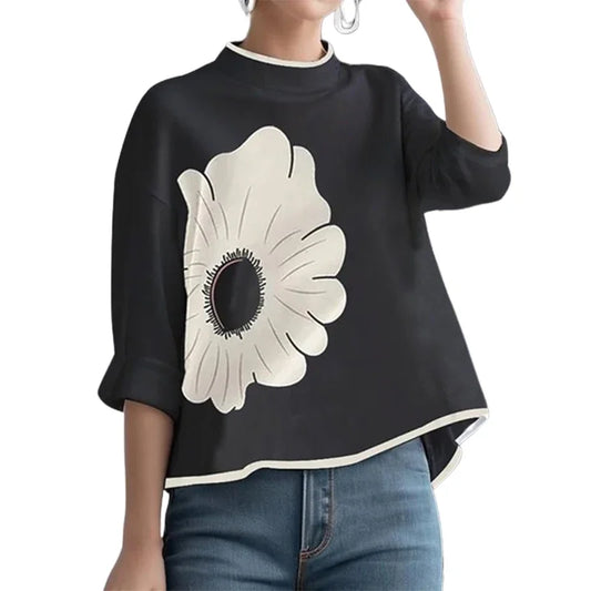 Gymystars Women's Flower Printed Clothes T-Shirts 2025 Mock Neck T-Shirts Summer Black Casual Autumn y2k Tops For Women