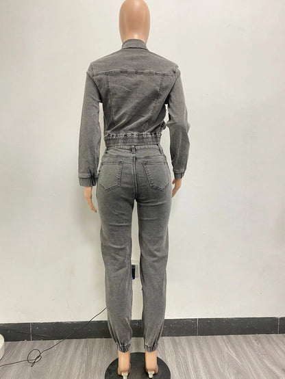 Pant Sets Long Sleeve Women Tracksuit Zipper Denim Coat Cargo Ankle Length Pants Pockets High Street Spliced Slim 2024