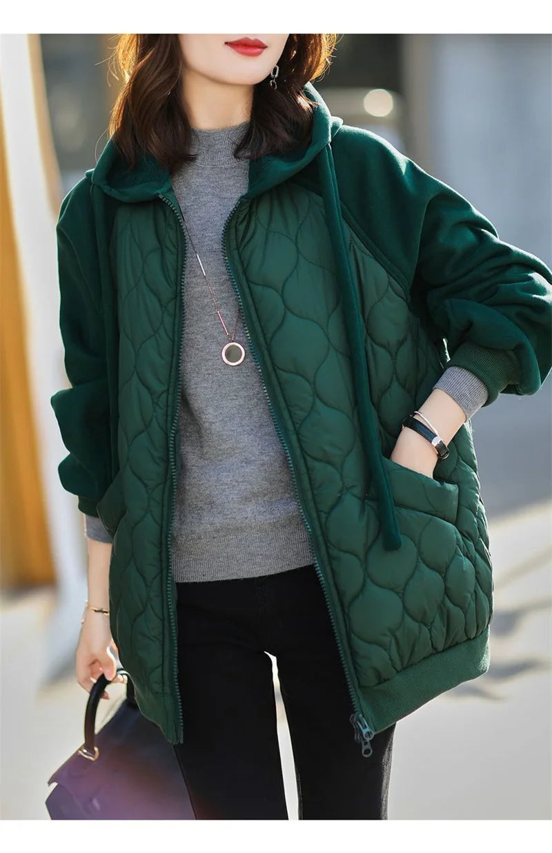 Light Down Cotton Suit 2025 Winter New Korean Version Temperament Mother Pack Padded Jacket Hooded Loose Cotton Clothes Female X