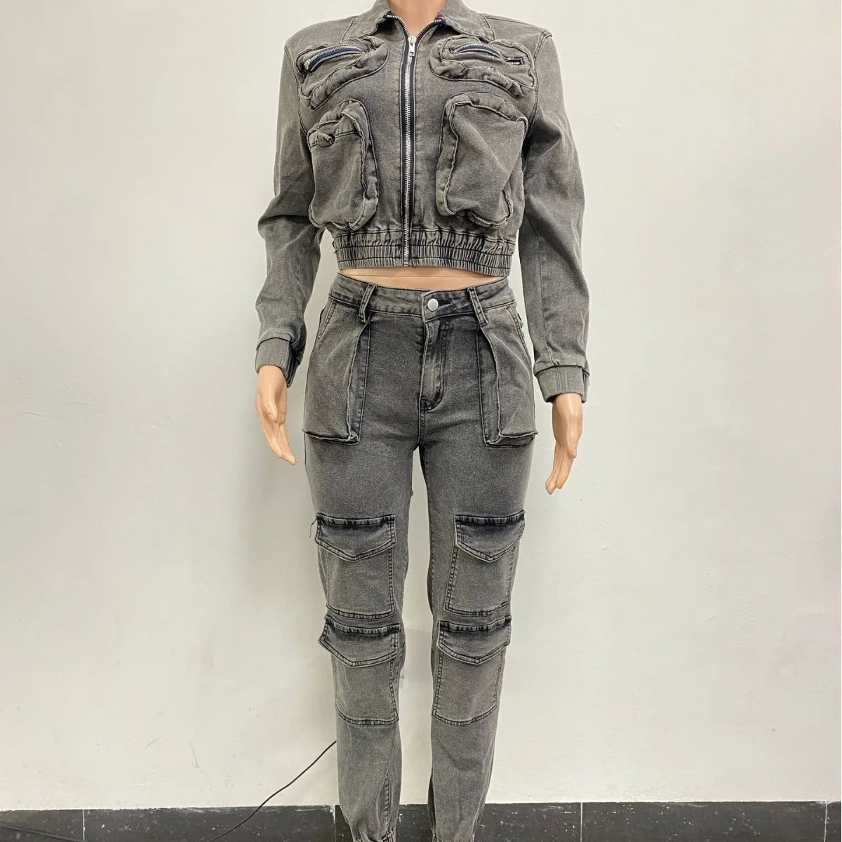 Pant Sets Long Sleeve Women Tracksuit Zipper Denim Coat Cargo Ankle Length Pants Pockets High Street Spliced Slim 2024