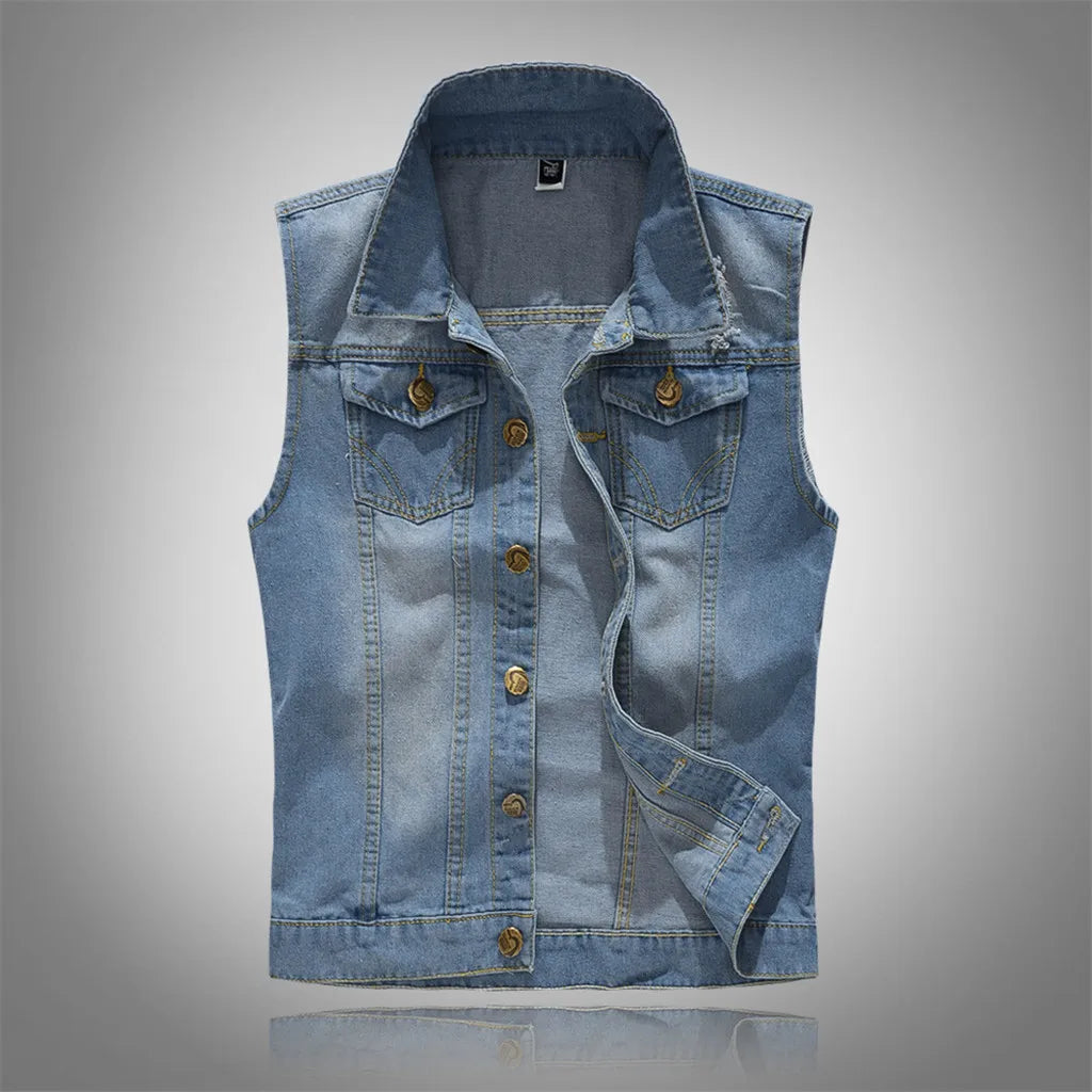 New Coat Men Fashion Denim Vest Lapel Single Breasted Auutmn Overcoat Casual Cowboy Jacket In Shoulder Blouse Male Clothing