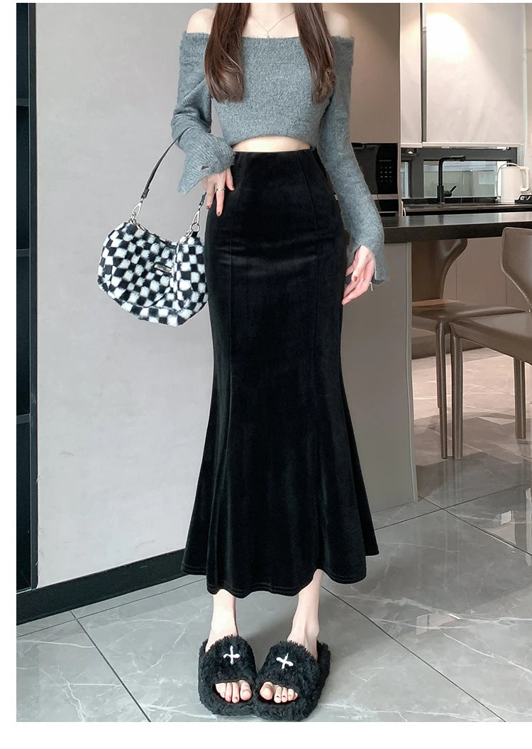 Elegant Velvet Black Long Skirts Women 2025 Casual High Waist Faldas Sexy Mujer Slim Korean Style Y2k Clothes Vintage Midi Skirt