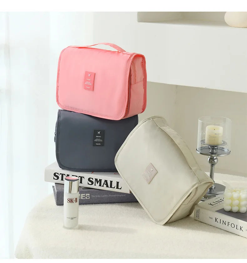 Toiletry Make Up Bags Solid Color Korean Foldable Cosmetic Bags Travel PVC Waterproof Large Capacity Toiletries Hangbag Storage