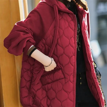 Light Down Cotton Suit 2025 Winter New Korean Version Temperament Mother Pack Padded Jacket Hooded Loose Cotton Clothes Female X