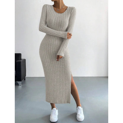 Mia Muse Women's Dresses Fall Winter Knitted Stripe Split U Neck Elastic Basic Bodycon Full Length Casual Maxi Long Dresses