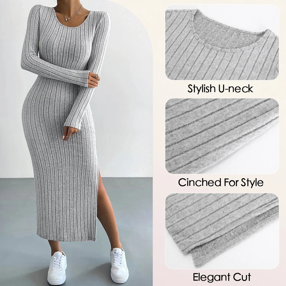 Mia Muse Women's Dresses Fall Winter Knitted Stripe Split U Neck Elastic Basic Bodycon Full Length Casual Maxi Long Dresses