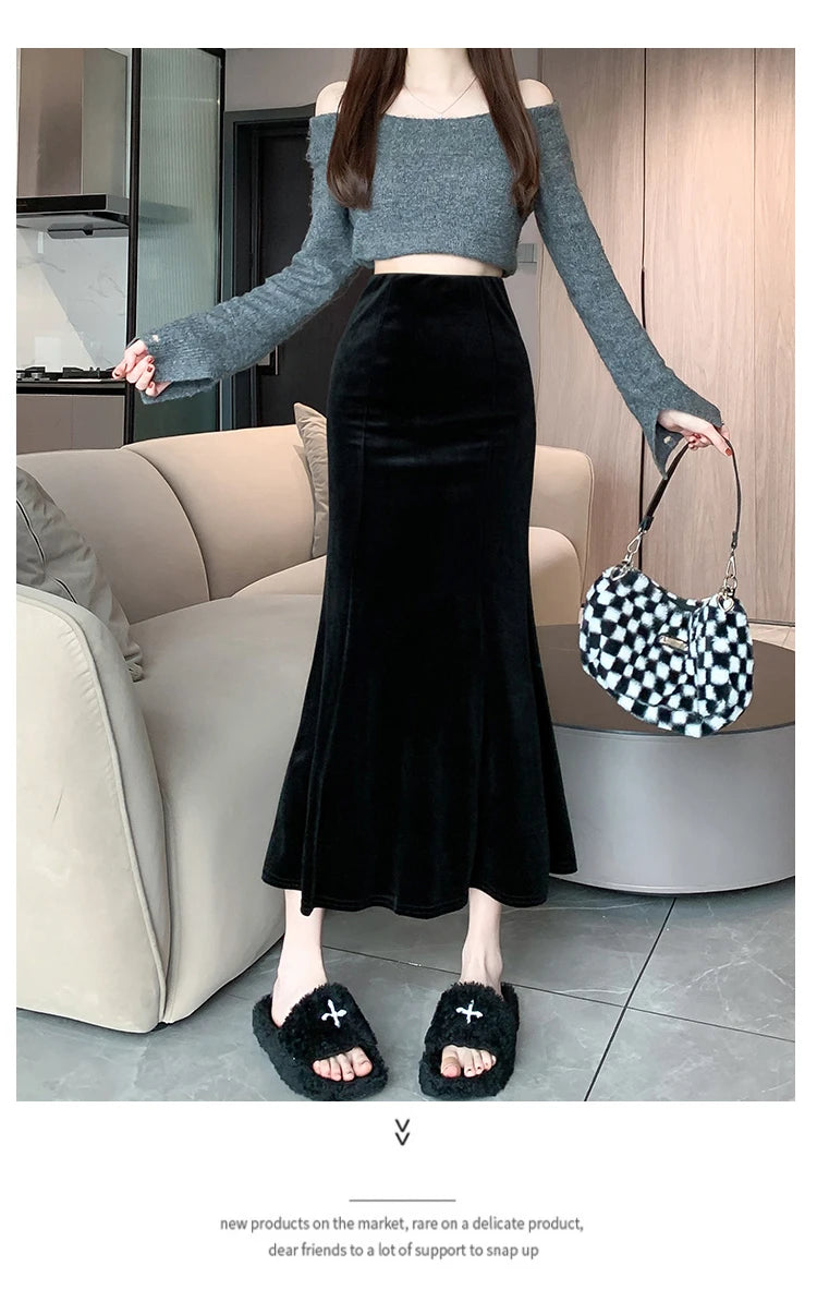 Elegant Velvet Black Long Skirts Women 2025 Casual High Waist Faldas Sexy Mujer Slim Korean Style Y2k Clothes Vintage Midi Skirt