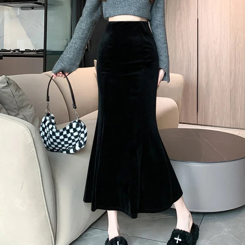 Elegant Velvet Black Long Skirts Women 2025 Casual High Waist Faldas Sexy Mujer Slim Korean Style Y2k Clothes Vintage Midi Skirt