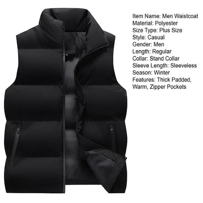 Men Waistcoat Thick Padded Cotton Vest Windproof Sleeveless Winter Outderwear Neck Zipper Cardigan Men Winter Coat