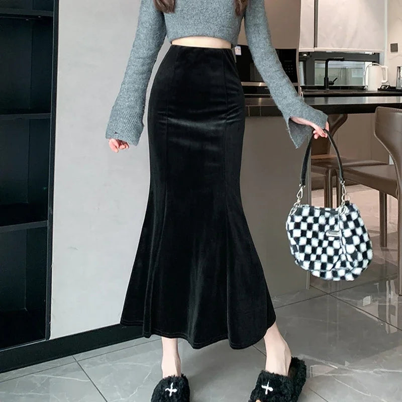 Elegant Velvet Black Long Skirts Women 2025 Casual High Waist Faldas Sexy Mujer Slim Korean Style Y2k Clothes Vintage Midi Skirt