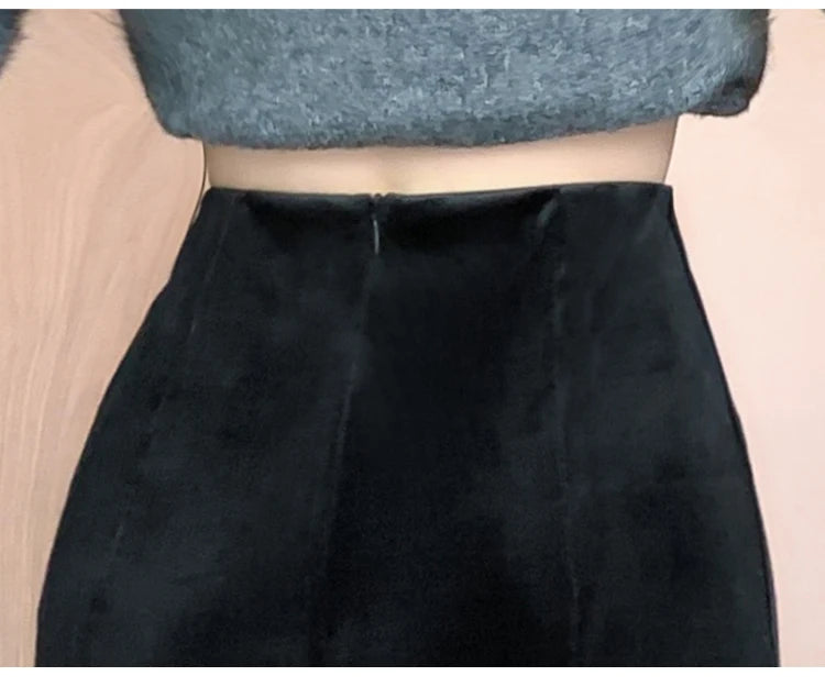 Elegant Velvet Black Long Skirts Women 2025 Casual High Waist Faldas Sexy Mujer Slim Korean Style Y2k Clothes Vintage Midi Skirt