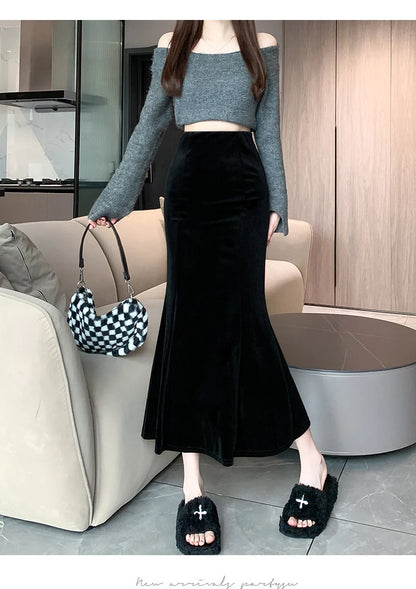 Elegant Velvet Black Long Skirts Women 2025 Casual High Waist Faldas Sexy Mujer Slim Korean Style Y2k Clothes Vintage Midi Skirt