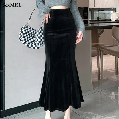 Elegant Velvet Black Long Skirts Women 2025 Casual High Waist Faldas Sexy Mujer Slim Korean Style Y2k Clothes Vintage Midi Skirt