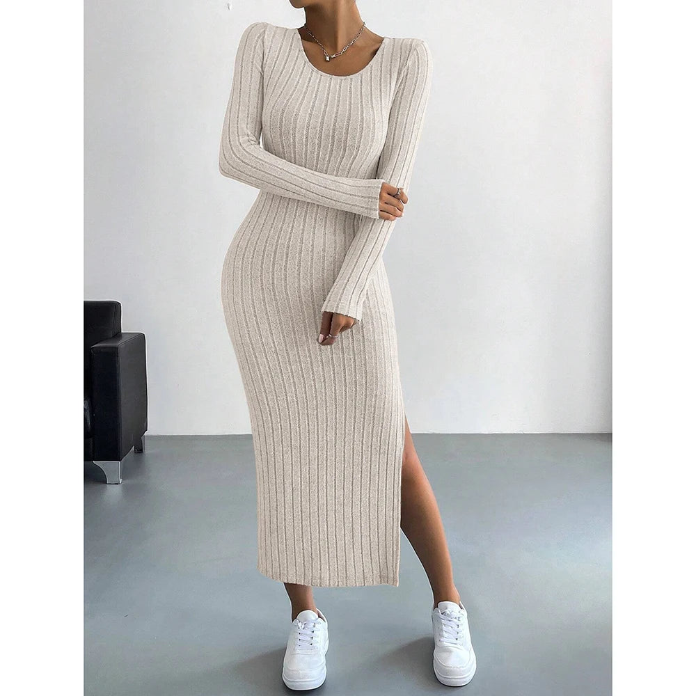 Mia Muse Women's Dresses Fall Winter Knitted Stripe Split U Neck Elastic Basic Bodycon Full Length Casual Maxi Long Dresses