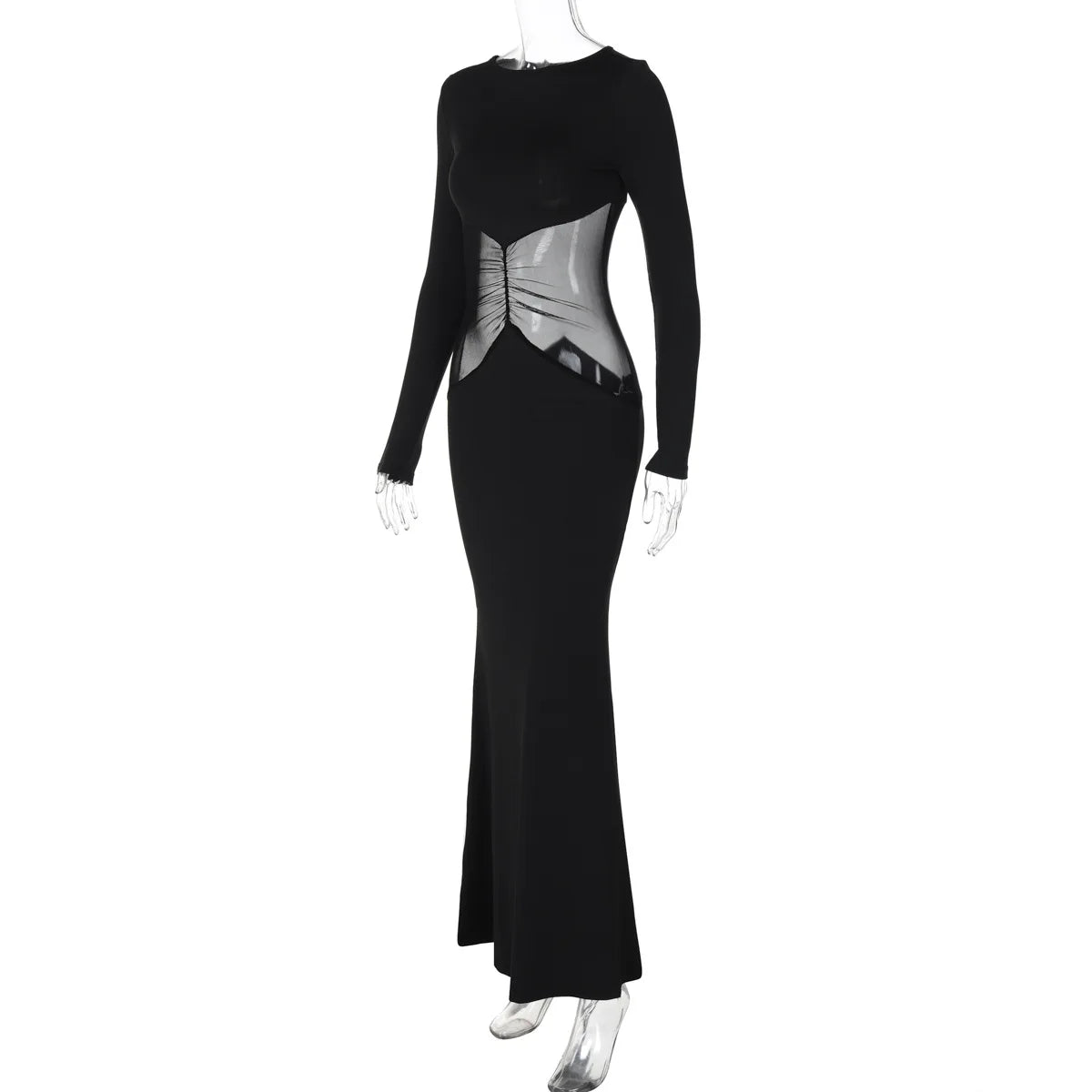 Woman Clothes Mesh Patchwork Hollow Out Black Long Dress 2025 Chic Elegant Ladies Bodycon Folds High Waist Party Evening Dresses