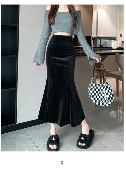 Elegant Velvet Black Long Skirts Women 2025 Casual High Waist Faldas Sexy Mujer Slim Korean Style Y2k Clothes Vintage Midi Skirt