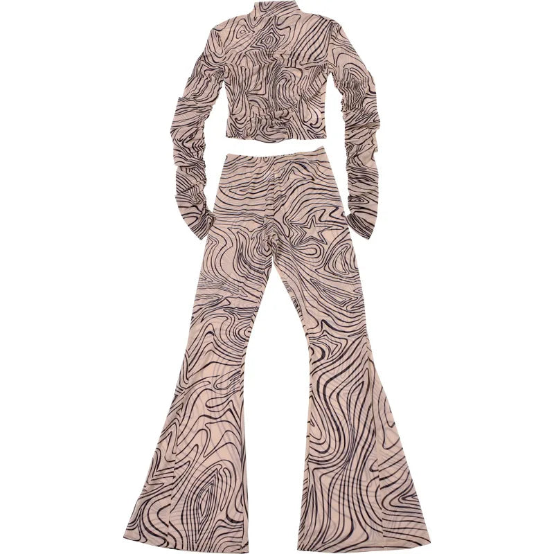 Zebra Striped Print Mesh 2 Piece Set 2024 Autumn Women Turtleneck Full Sleeve T-shirts Top + Flare Pants See Through Match Suits