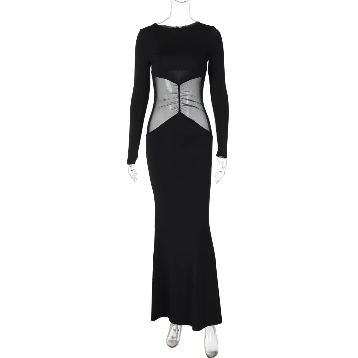 Woman Clothes Mesh Patchwork Hollow Out Black Long Dress 2025 Chic Elegant Ladies Bodycon Folds High Waist Party Evening Dresses