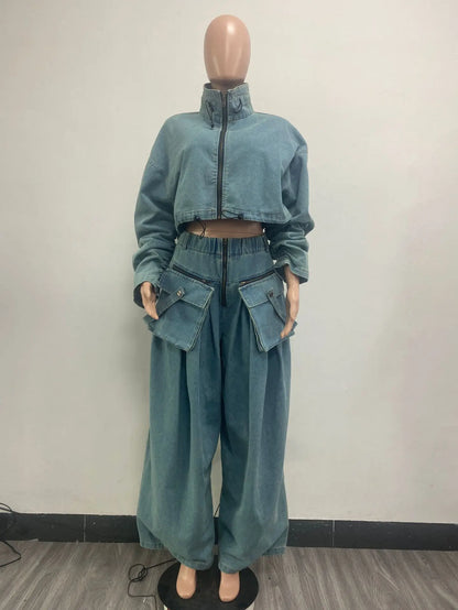 fashion retro women's casual wide leg loose heavy duty denim two-piece set for women two piece set women sexy club  zevity