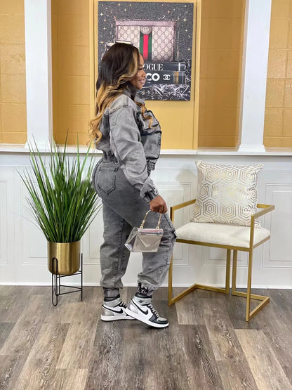 Pant Sets Long Sleeve Women Tracksuit Zipper Denim Coat Cargo Ankle Length Pants Pockets High Street Spliced Slim 2024