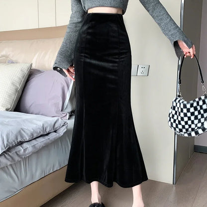 Elegant Velvet Black Long Skirts Women 2025 Casual High Waist Faldas Sexy Mujer Slim Korean Style Y2k Clothes Vintage Midi Skirt