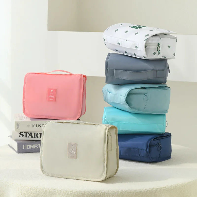 Toiletry Make Up Bags Solid Color Korean Foldable Cosmetic Bags Travel PVC Waterproof Large Capacity Toiletries Hangbag Storage