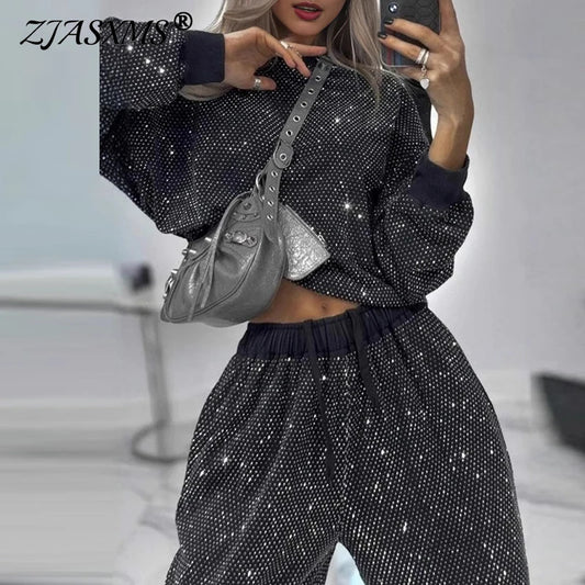 Fashion Starry Sky Stars Shiny Women's Two Pieces Set Elegant O Neck Top Pullover & Lace-up Pant Sets Autumn Winter Suit Outfit