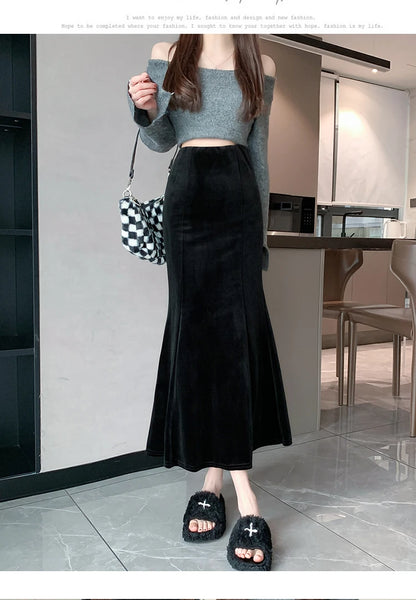 Elegant Velvet Black Long Skirts Women 2025 Casual High Waist Faldas Sexy Mujer Slim Korean Style Y2k Clothes Vintage Midi Skirt