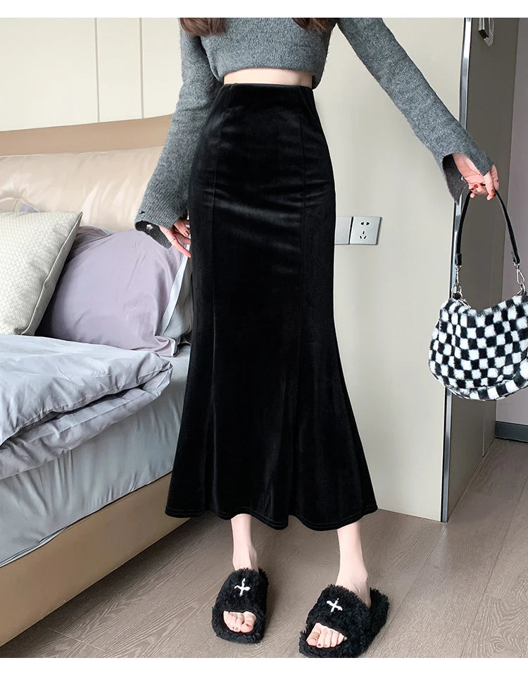 Elegant Velvet Black Long Skirts Women 2025 Casual High Waist Faldas Sexy Mujer Slim Korean Style Y2k Clothes Vintage Midi Skirt