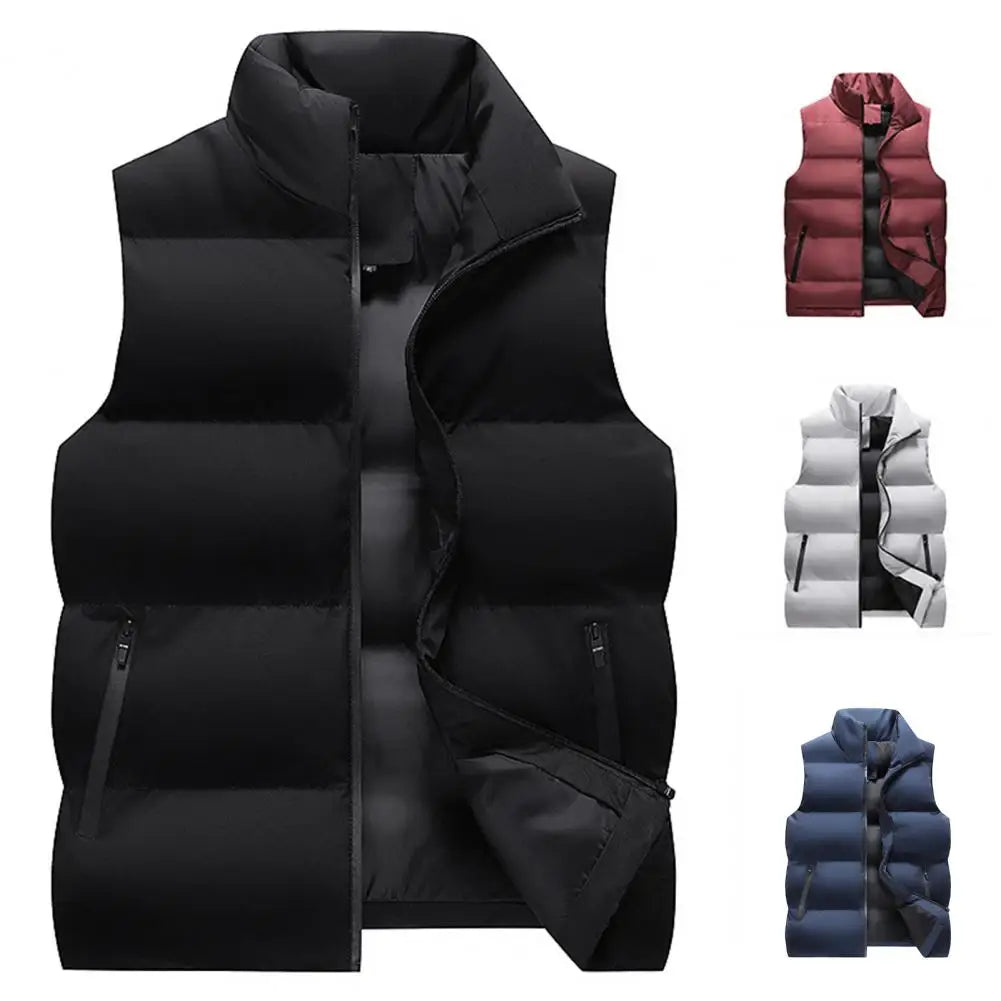 Men Waistcoat Thick Padded Cotton Vest Windproof Sleeveless Winter Outderwear Neck Zipper Cardigan Men Winter Coat